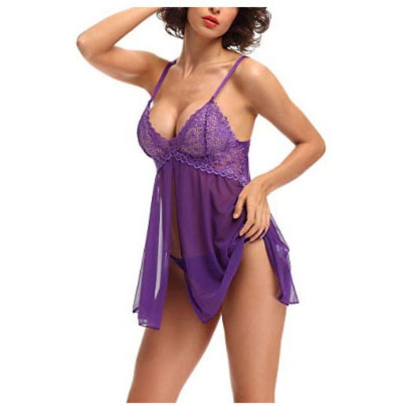 Sheer Lace Chemise Slip Babydoll Set w/ Thong - Picture 7 of 8